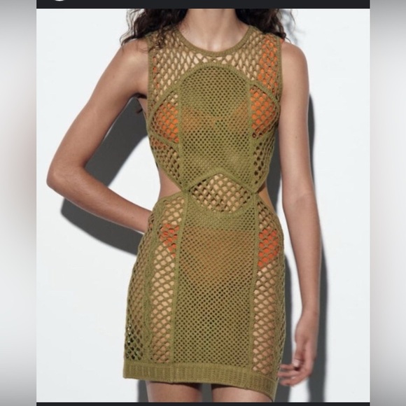 NWT Zara Mesh Green Side Cutout Crochet Mini Dress Size Large - Picture 1 of 7